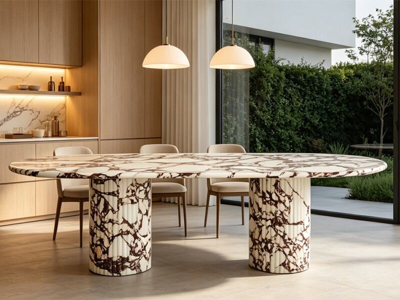 Calacatta Viola-marmeren eettafel met gefluteerde ronde marmeren poten