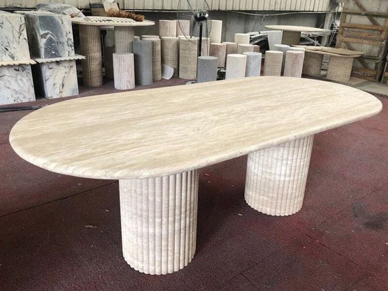 Oval Travertine Dining Table with Grooved Legs