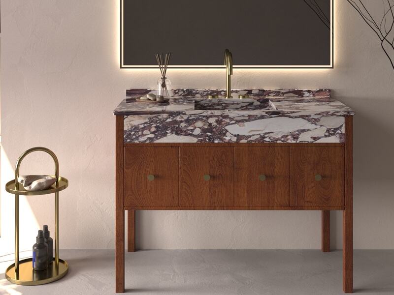 Natuurlijke Calacatta Viola-marmeren badkamermeubelblad met houten kast