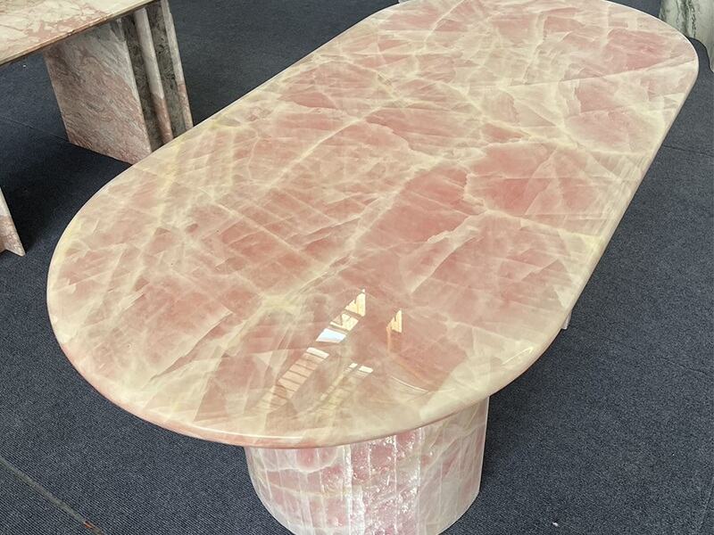Op maat gemaakte roze kristalonyx ovale eettafel