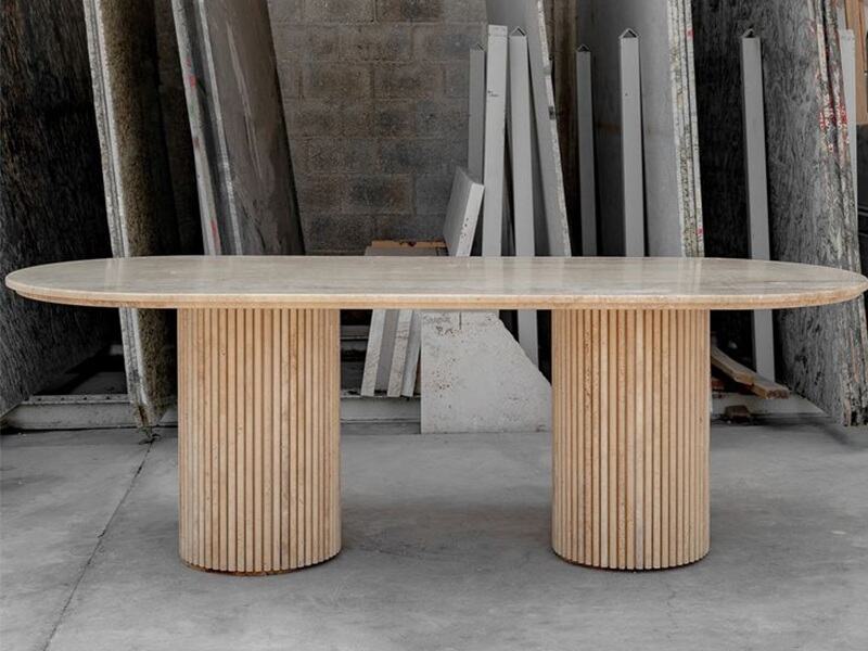 Oval Travertine Dining Table with Grooved Legs