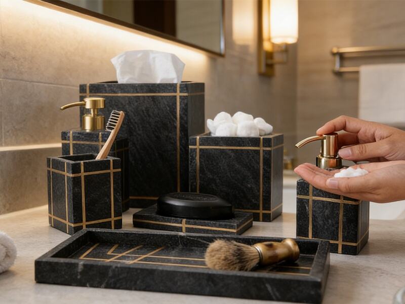 Natuurlijke zwarte marmeren badkamerset met gouden inlegwerk
