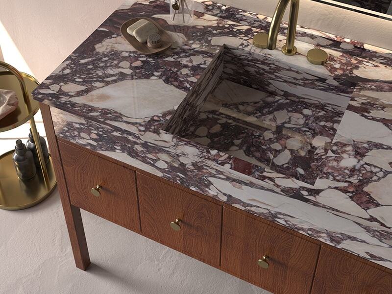 Natuurlijke Calacatta Viola-marmeren badkamermeubelblad met houten kast