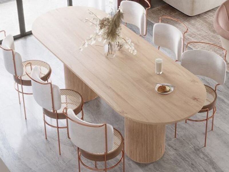 Oval Travertine Dining Table with Grooved Legs