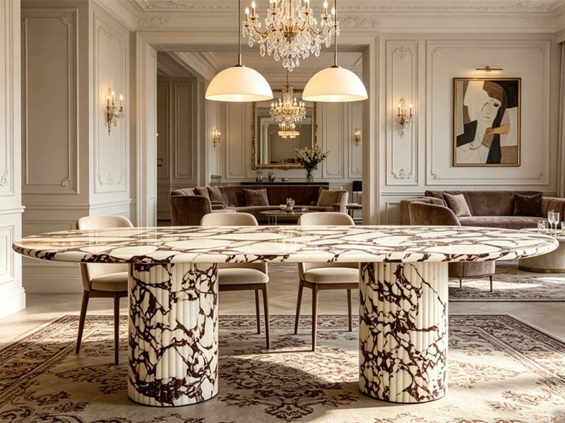 Calacatta Viola-marmeren eettafel met gefluteerde ronde marmeren poten