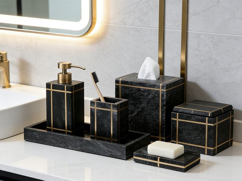 Natuurlijke zwarte marmeren badkamerset met gouden inlegwerk
