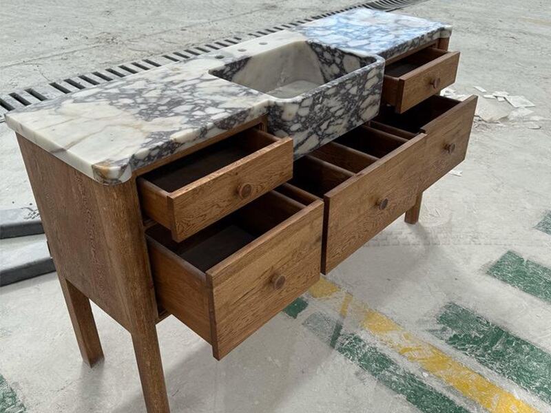 Natuurlijke Calacatta Viola-marmeren badkamermeubelblad met houten kast