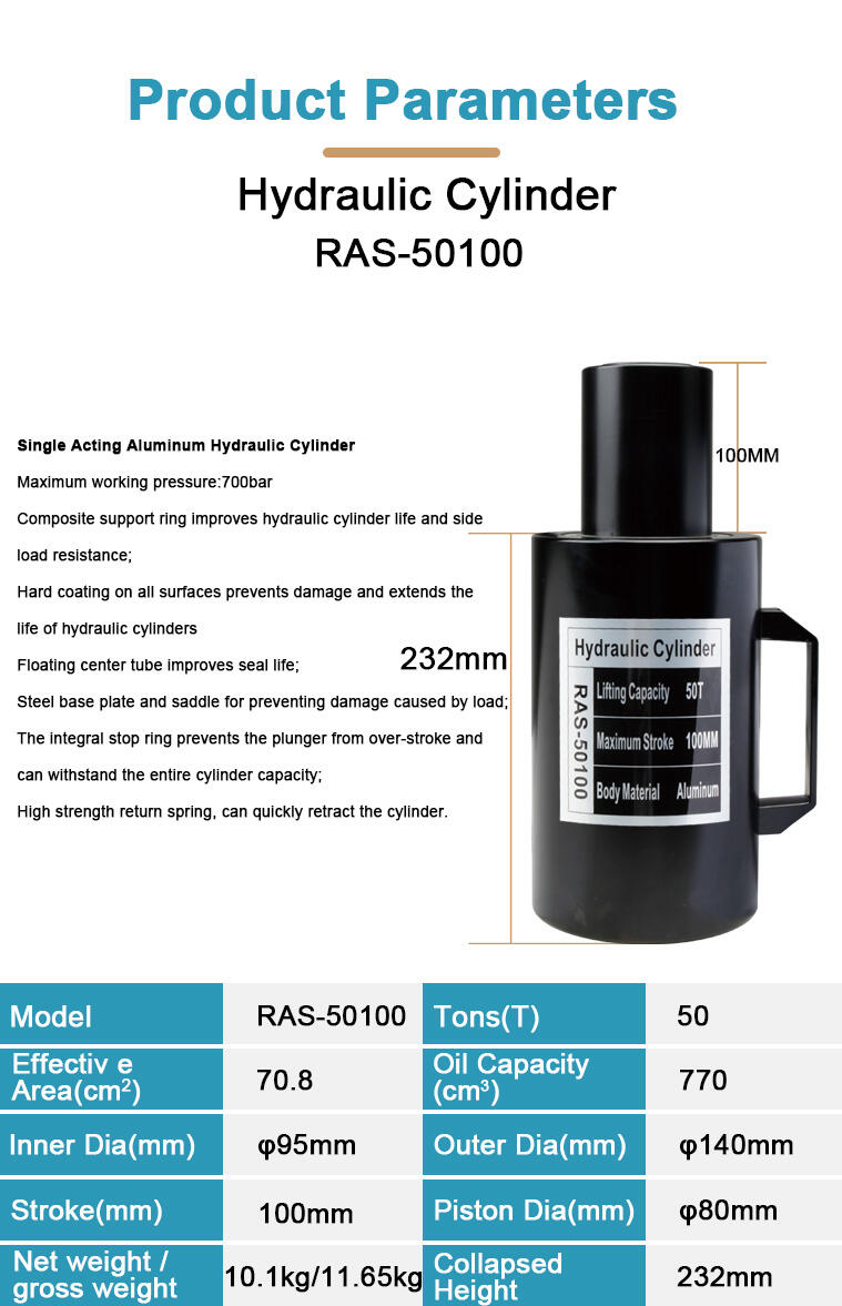 ras 50100 single acting 50 ton stroke 100mm aluminum hydraulic cylinder-1