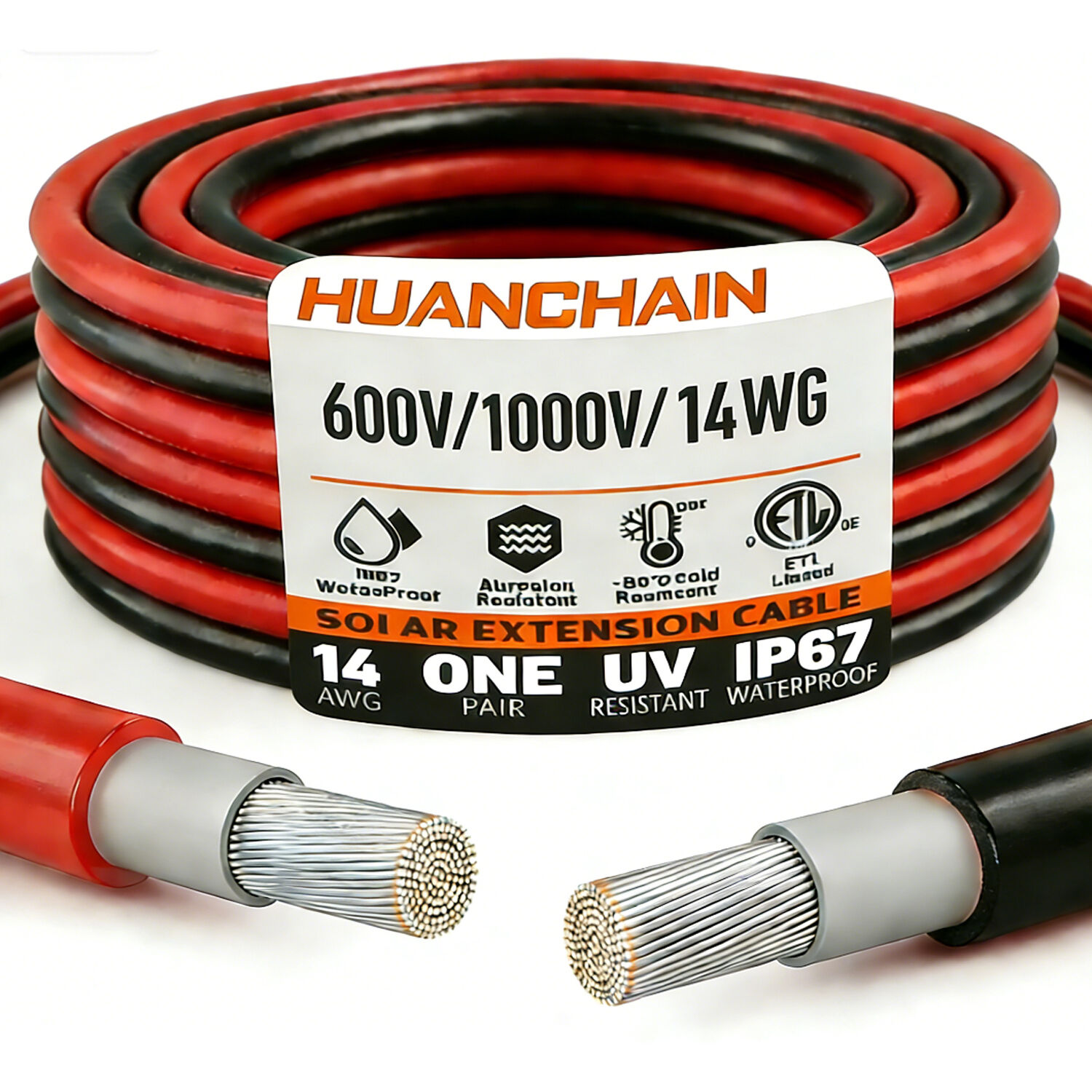 UL4703, 14 AWG, 600 V/1000 V/2000 V Solar-Verlängerungskabel, rot/schwarz, wasserdicht, ETL-zertifiziert, flexibel