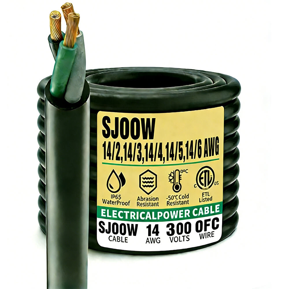 سلك كهربائي بالجملة عيار 14/2،14/3،14/4،14/5،14/6 SJOOW/SJOW 300 فولت، كابل مطاطي مرِن شديد التحمل، أسود، مقاوم للماء، معتمد من ETL/cETL