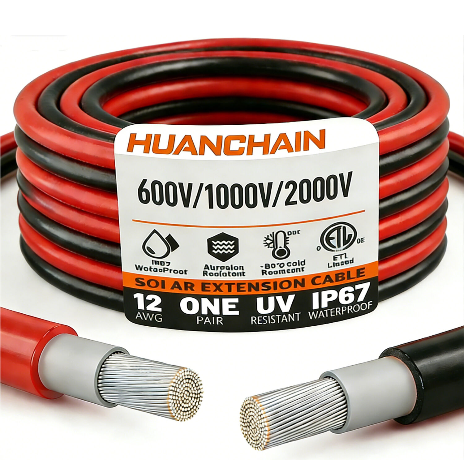 UL4703, 12 AWG, 600 V/1000 V/2000 V Solar-Verlängerungskabel, rot/schwarz, wasserdicht, ETL-zertifiziert, flexibel