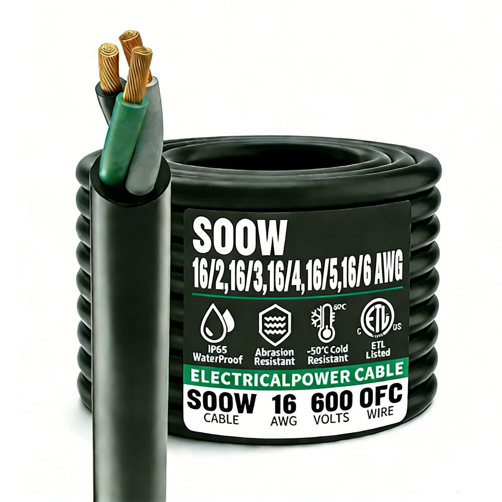 سلك كهربائي مرن بمواصفات 16/2، 16/3، 16/4، 16/5، 16/6 SOOW 600 فولت، سلك كهربائي مرن مقاوم للماء باللون الأسود، معتمد من ETL