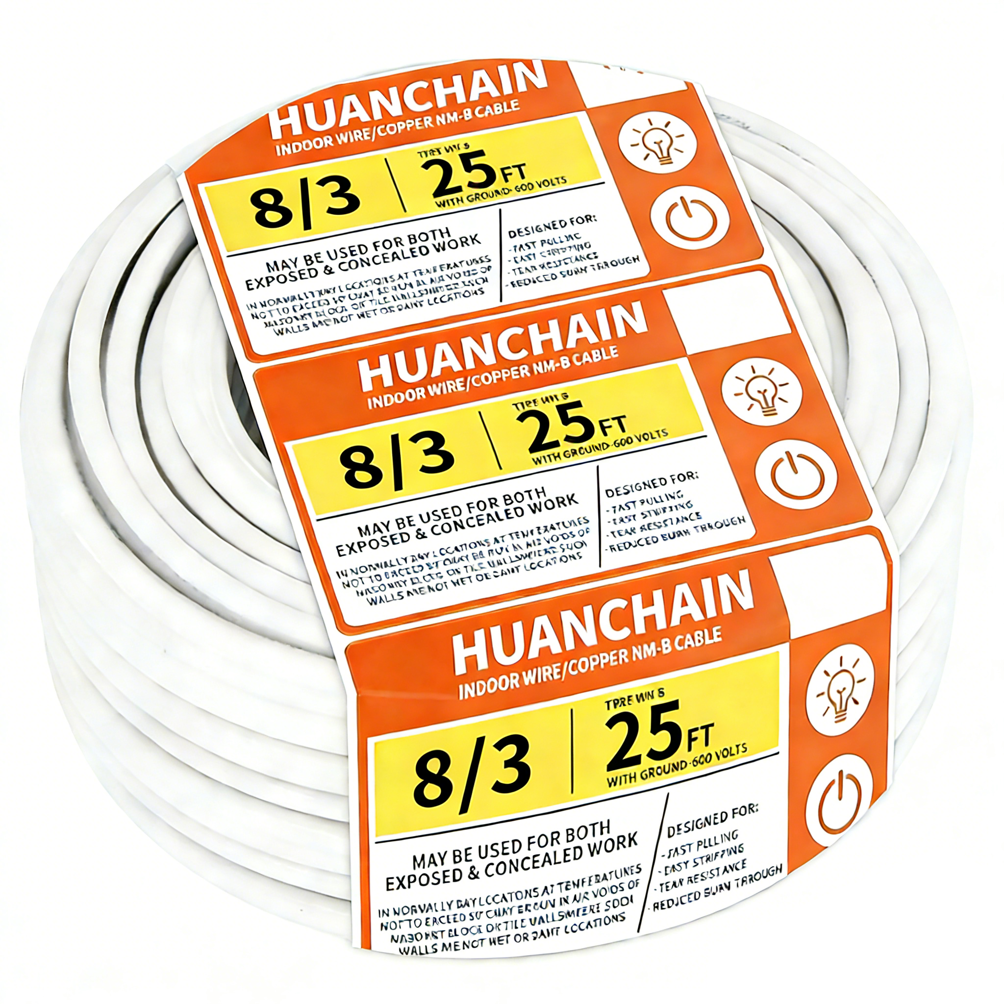 White Solid 8/3 AWG NM-B Cable 10ft/15ft/25ft/50FT/100FT/250ft Electrical Wire 8 Gauge Wire 3 Conductors Non-Metallic with Ground Wire