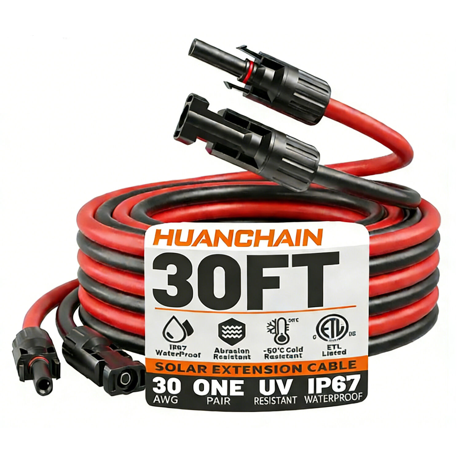 30 ft, 10 AWG-Solar-Verlängerungskabel mit Steckverbindern, professionelles Solarpanel-Adapter-Set für netzunabhängige PV-Anlagen, rot, wasserdicht, ETL-zertifiziert, flexibel