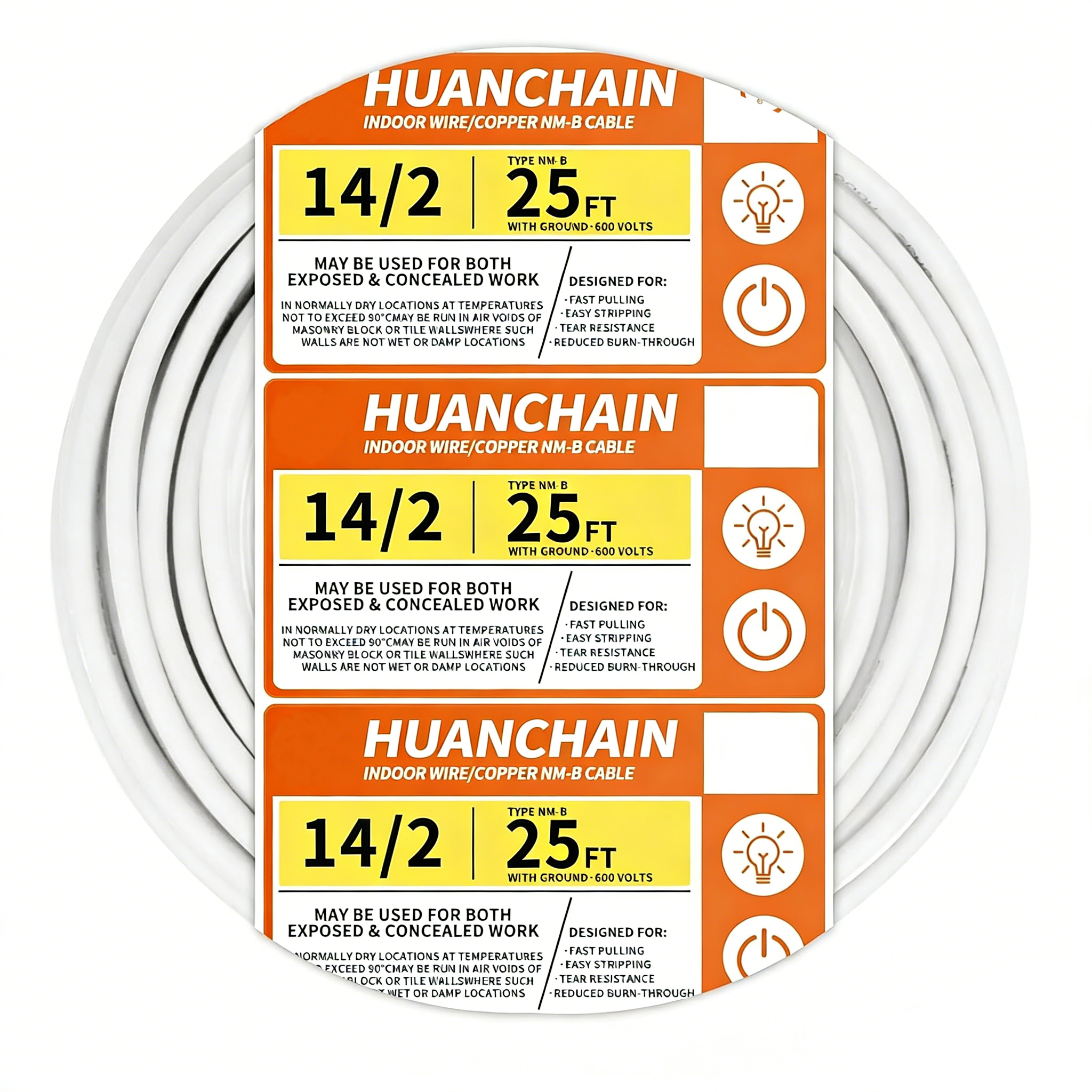 كابل NM-B صلب 14/2 بسلك أرضي، لفافة 25 قدمًا، سلك كهربائي مقاس 14، سلك ذو موصلين غير معدني مع سلك أرضي (أبيض)