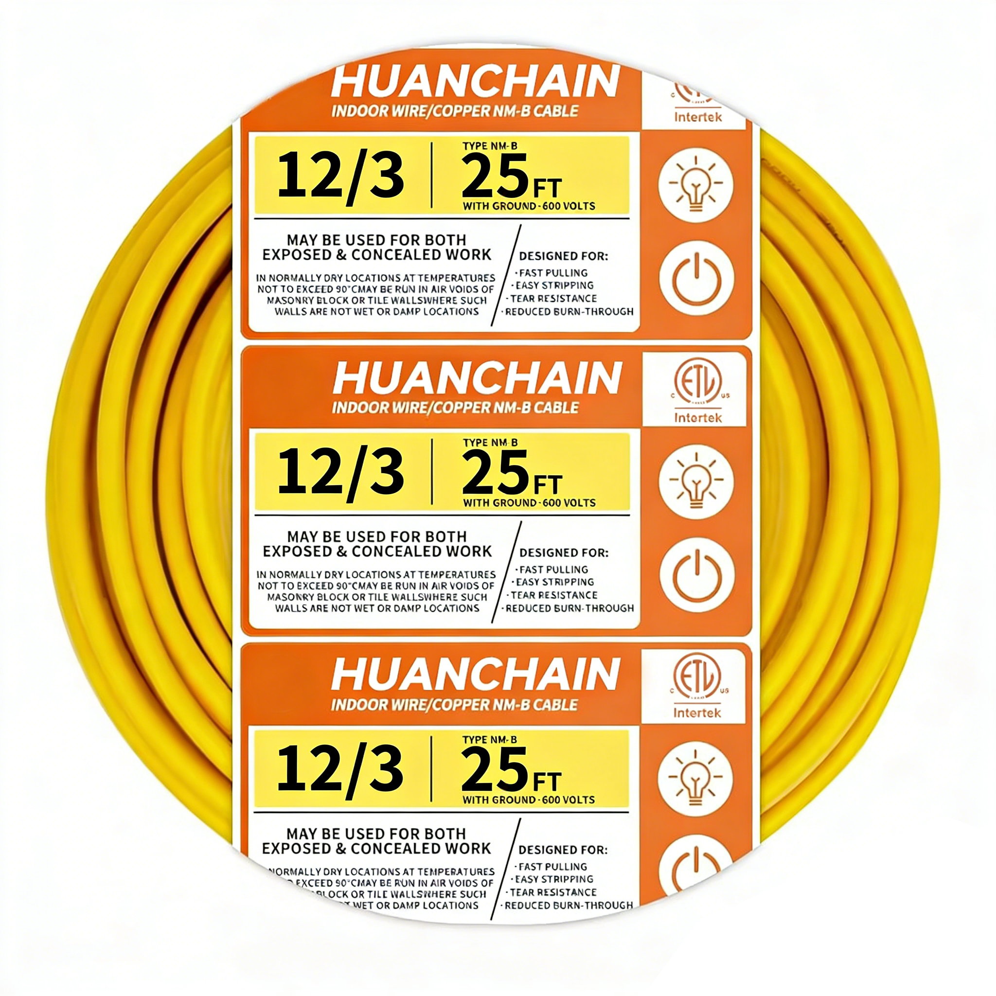 Yellow Solid 12/3AWG NM-B Cable 10ft/15ft/25ft/50FT/100FT/250ft Electrical Wire 8 Gauge Wire 3 Conductors Non-Metallic with Ground Wire Inquiry