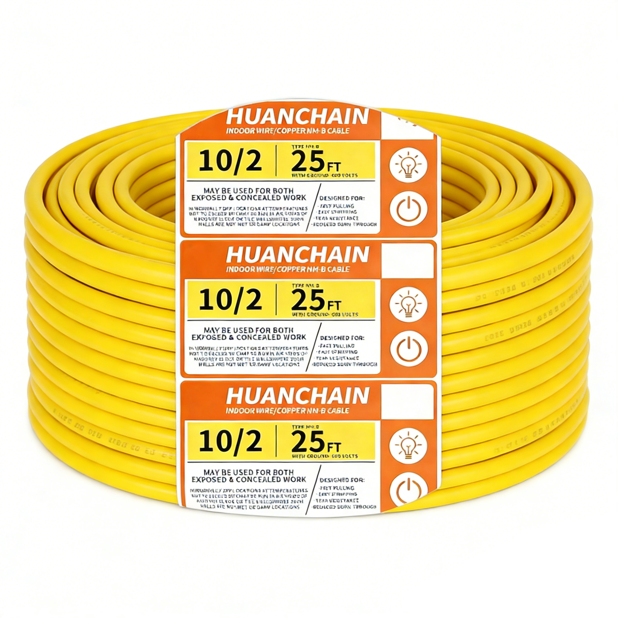Yellow Solid 10/2 AWG NM-B Cable 10ft/15ft/25ft/50FT/100FT/250ft Electrical Wire 10 Gauge Wire 2 Conductors Non-Metallic with Ground Wire