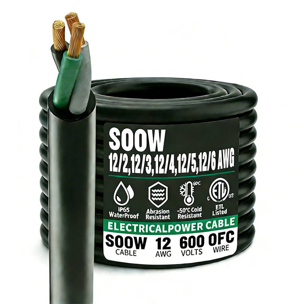 سلك كهربائي مجمع مقاس 12/2، 12/3، 12/4، 12/5 SOOW 600 فولت، كابل مطاط مرن عالي التحمل، أسود، مضاد للماء، معتمد من ETL