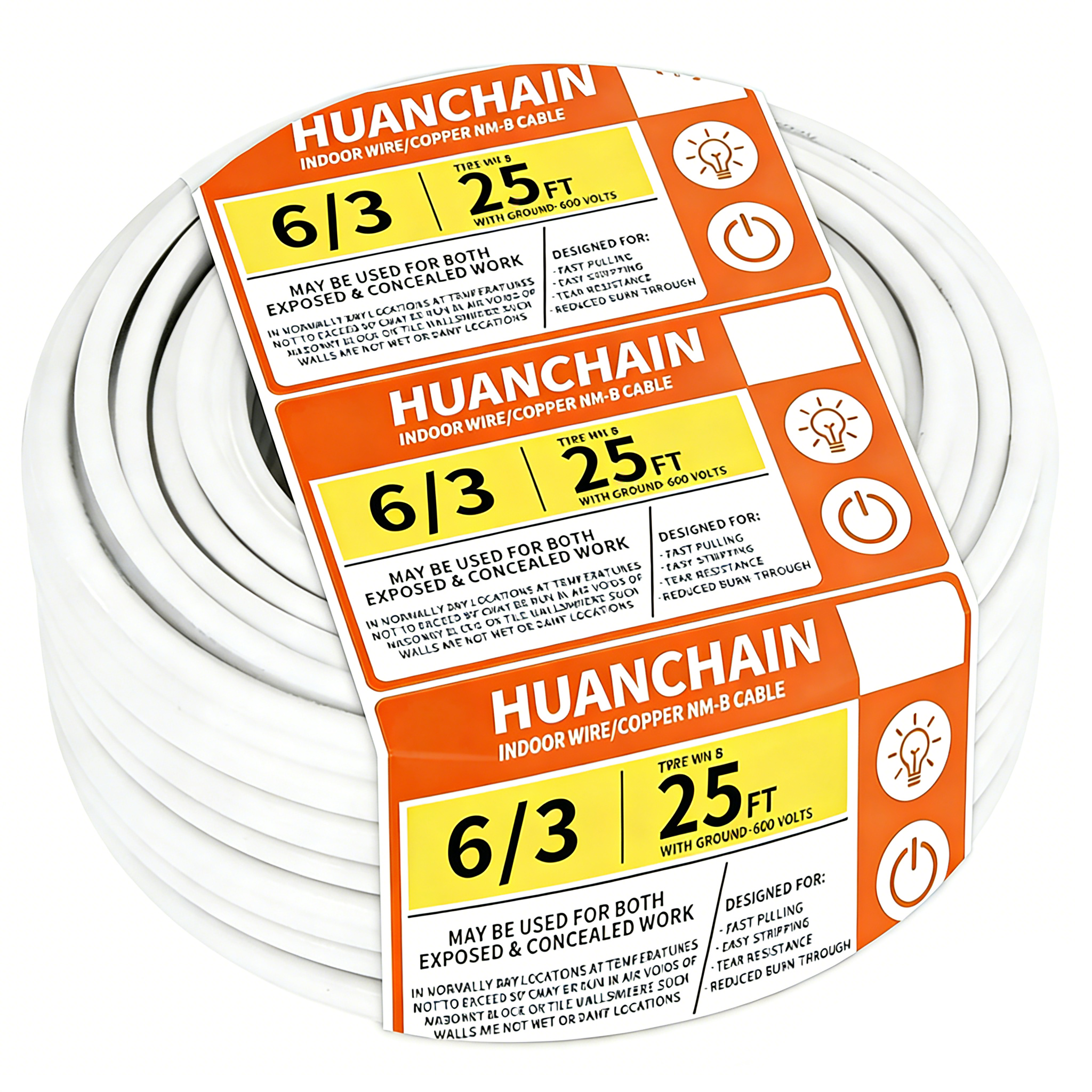 White Solid 6/3 AWG NM-B Cable 10ft/15ft/25ft/50FT/100FT/250ft Electrical Wire 6 Gauge Wire 3 Conductors Non-Metallic with Ground Wire