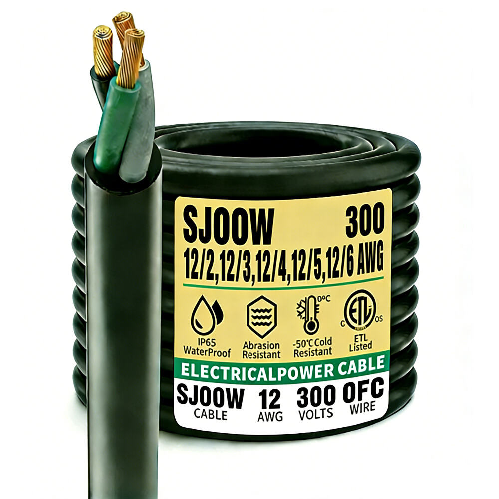 سلك كهربائي بالجملة عيار 12/2،12/3،12/4،12/5 SJOOW/SJOW 300 فولت، كابل مطاطي مرِن شديد التحمل، أسود، مقاوم للماء، معتمد من ETL وcETL