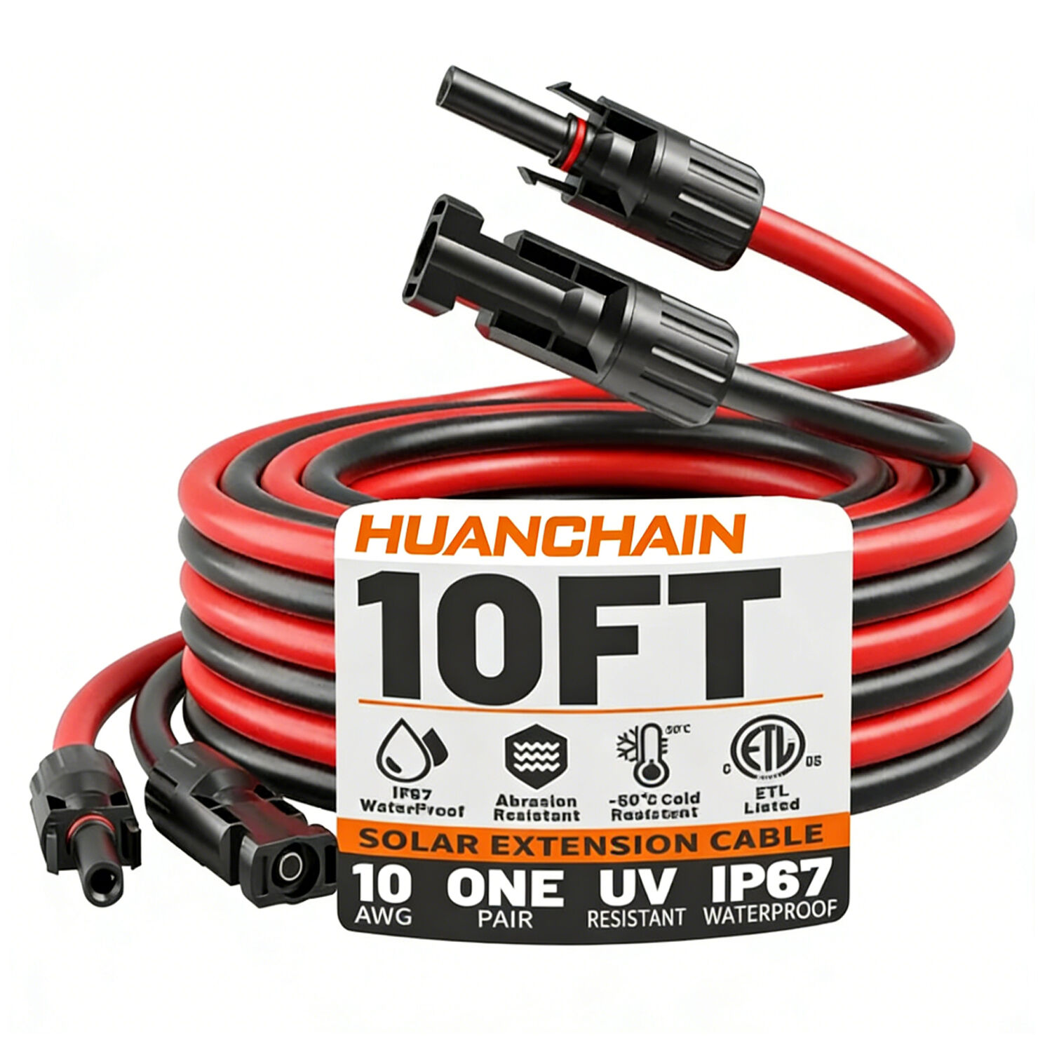 10 ft, 10 AWG-Solar-Verlängerungskabel mit Steckverbindern, professionelles Solarpanel-Adapter-Set für netzunabhängige PV-Anlagen, rot, wasserdicht, ETL-zertifiziert, flexibel