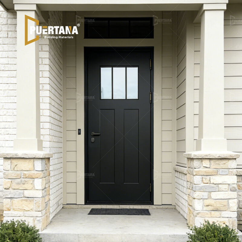 Custom Farmhouse Exterior Craftsman Aluminum Front Entryway Door on White Stucco House