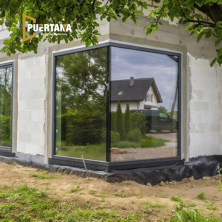 Ventana de esquina de vidrio de aluminio con diseño / Ventana en forma de L / Ventana de vidrio a prueba de balas con junta a tope en esquina