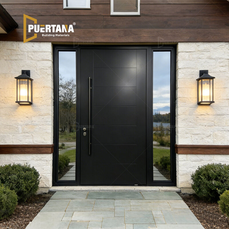 Durable Bespoke Custom Black Aluminum Pivot Front Door with Frosted Sidelights For Luxury Homes