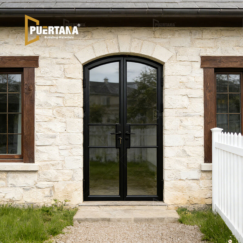Puerta de patio exterior doble francesa de aluminio con aspecto de acero estilo Crittal con cristal y diseño arqueado superior