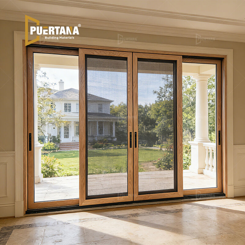 Residential Exterior Insulated High Quality Composite Aluminum Wood Sliding Patio Doors With Mosquito Screen