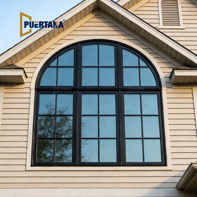 Großes schwarzes, bogenförmiges Aluminium-Drehkippfenster mit Gitterdesign für die historische Renovierung