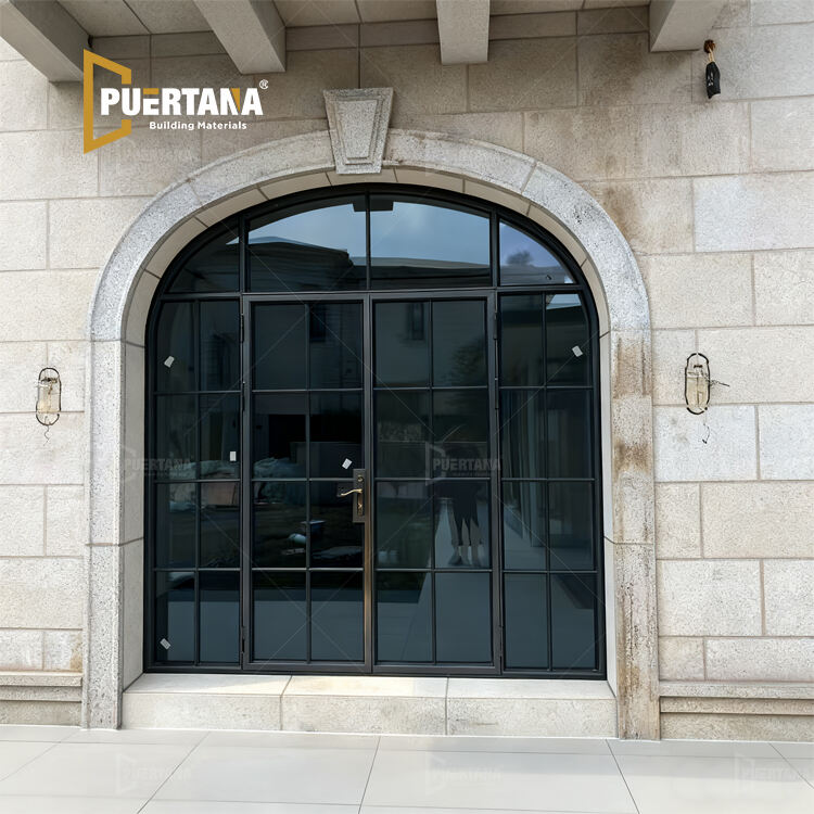 Mediterranean Style Arched Top Steel Look Thermally Broken Aluminum Double French Doors