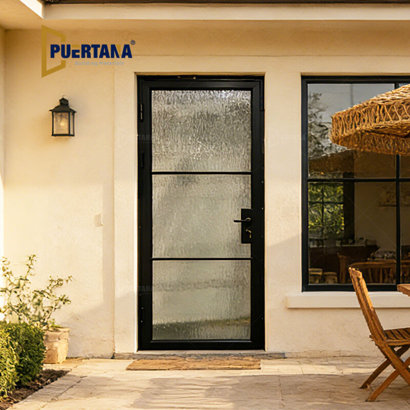 Puerta de patio exterior personalizada moderna cuadrada de aluminio con aspecto de acero, puerta sencilla de 3 cristales