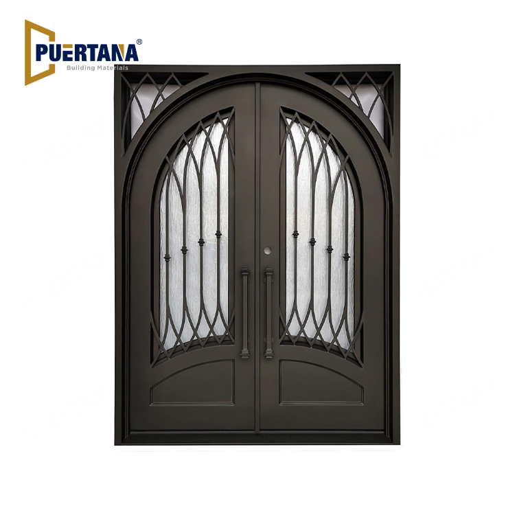 Custom Grapevine Pre Hung Double Front Entry Wrought Iron Door With Rain Glass