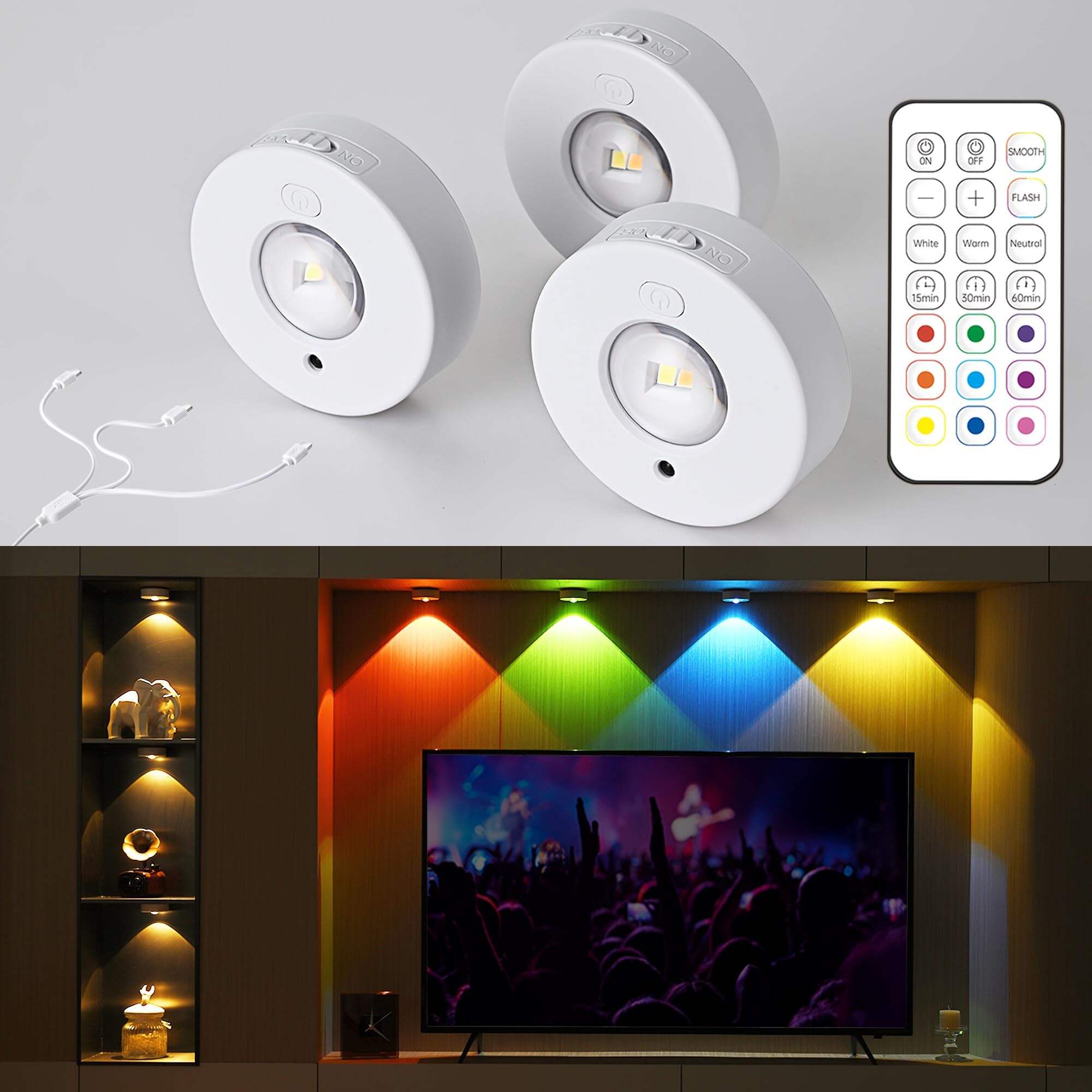 LED Rechargeable Puck Lights na may Remote Control, RGB Under Cabinet Lighting Battery Operated, Push Lights para sa Classroom Bar Shelf Bookshelf Shelves, Circle White Magnetic Stick