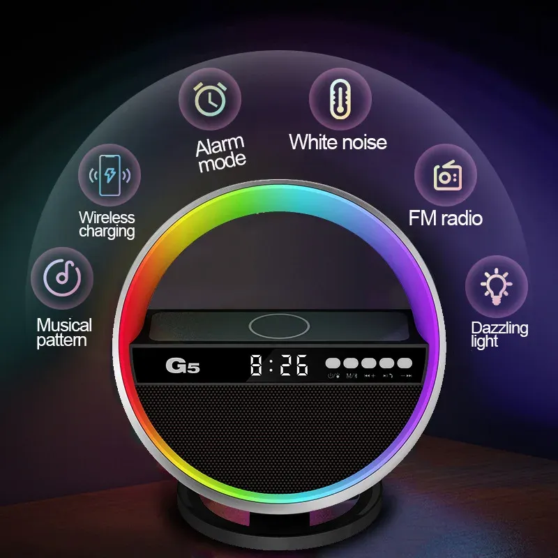 wireless charger for phone bluetooth speaker with ambient lighting alarm clock function home desk lamp audio charging stands-41