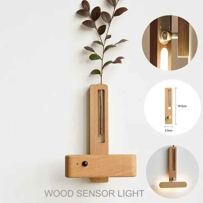 LED Wood Night Lamp With Motion Sensor Wall Light Rechargeable USB 360 Rotation Magnetic For Bedroom Bedside Table Decor