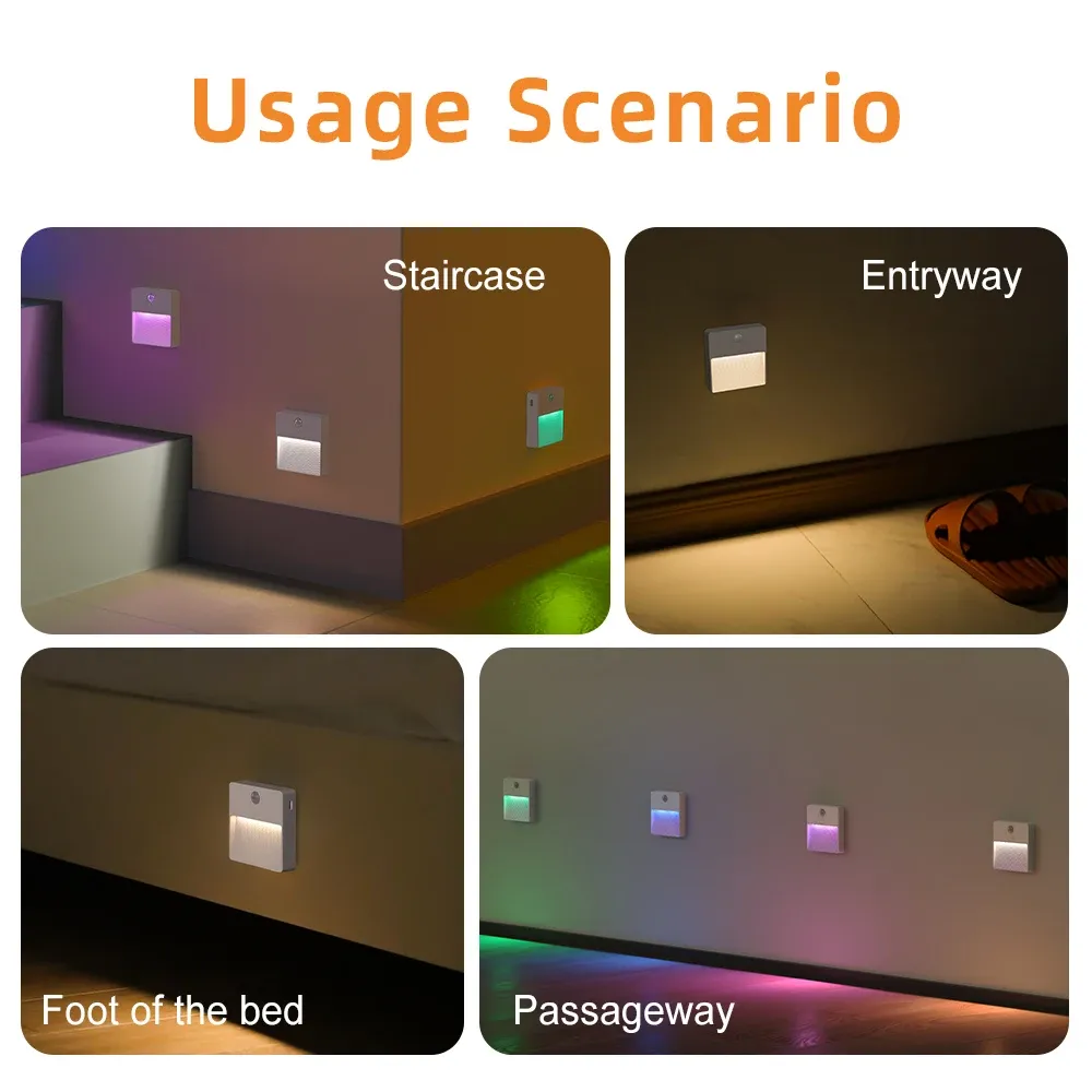 motion sensor led light usb charging square lamp for bedroom kitchen stair hallway wardrobe cupboard lighting rgb night light-46