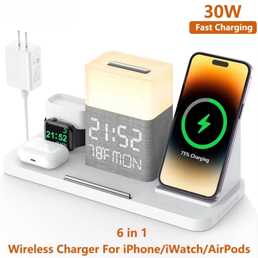 6 in 1 Wireless Charging Station with Bluetooth TimeSync/Night Light Fast Charger 30W Adapter Compatible with iPhone