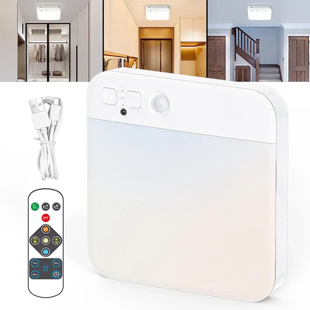 pir motion sensor ceiling light usb rechargeable dimmable 3 colors remote control timer wireless led flush mount ceiling lamp-39