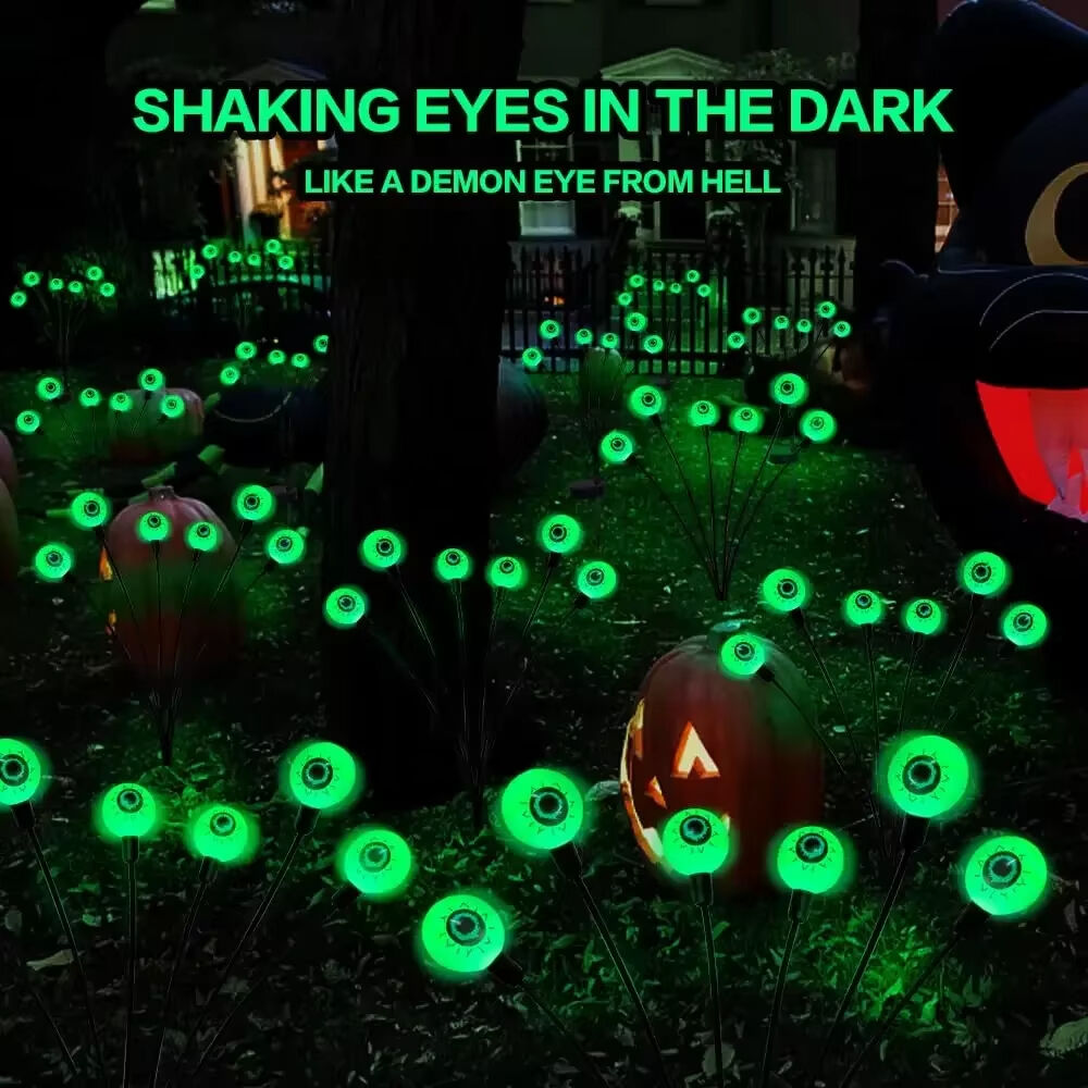 Halloween Outdoor Solar Powered Scary Eyeball Lights Led Green Eyeball Blinking Firefly Lights Waterproof Solar Path Lights