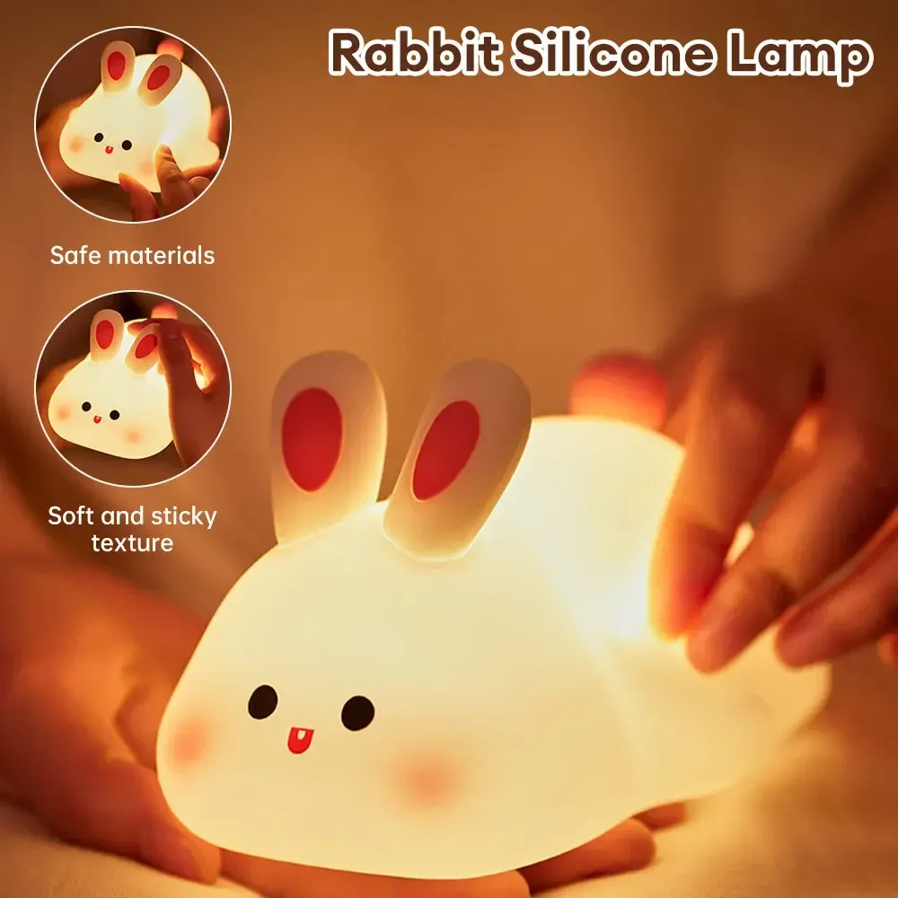 cute rabbit silicone night light touch sensitive big faced bunny night light lamps for room decor lamp childrens gift led home-47