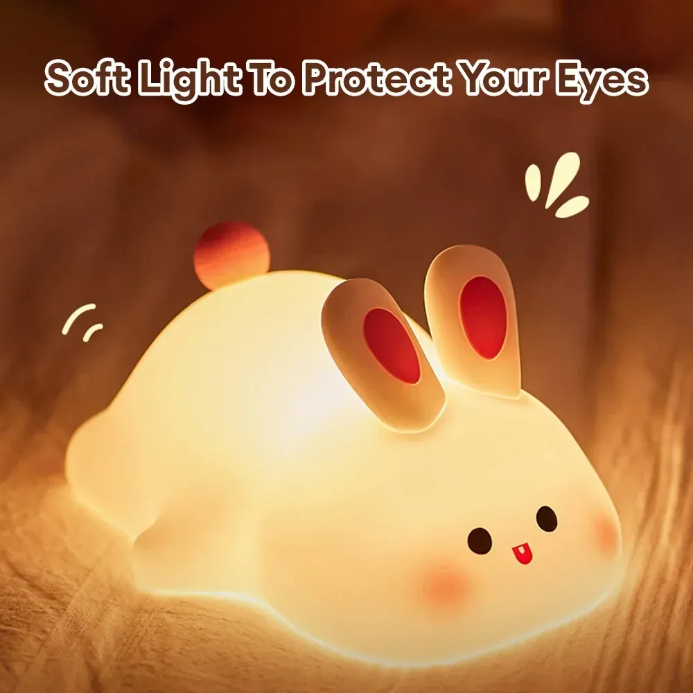 cute rabbit silicone night light touch sensitive big faced bunny night light lamps for room decor lamp childrens gift led home-45