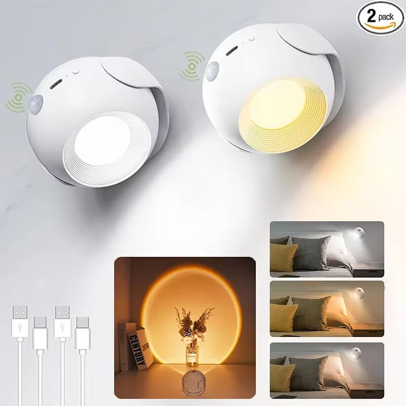 Led Motion Sensor Wall Lamp Touch 360 Rotatable USB Recharge Wireless Portable Night Light For Bedroom Reading Lamp