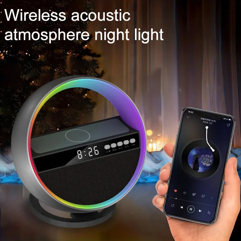 wireless charger for phone bluetooth speaker with ambient lighting alarm clock function home desk lamp audio charging stands-39