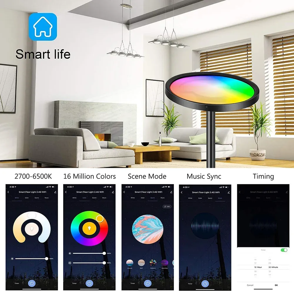 wifi smart rgb floor lamp 25w ultra bright 2000lm dimmable tall standing pole lights music sync torchiere sky led lamps decor-45