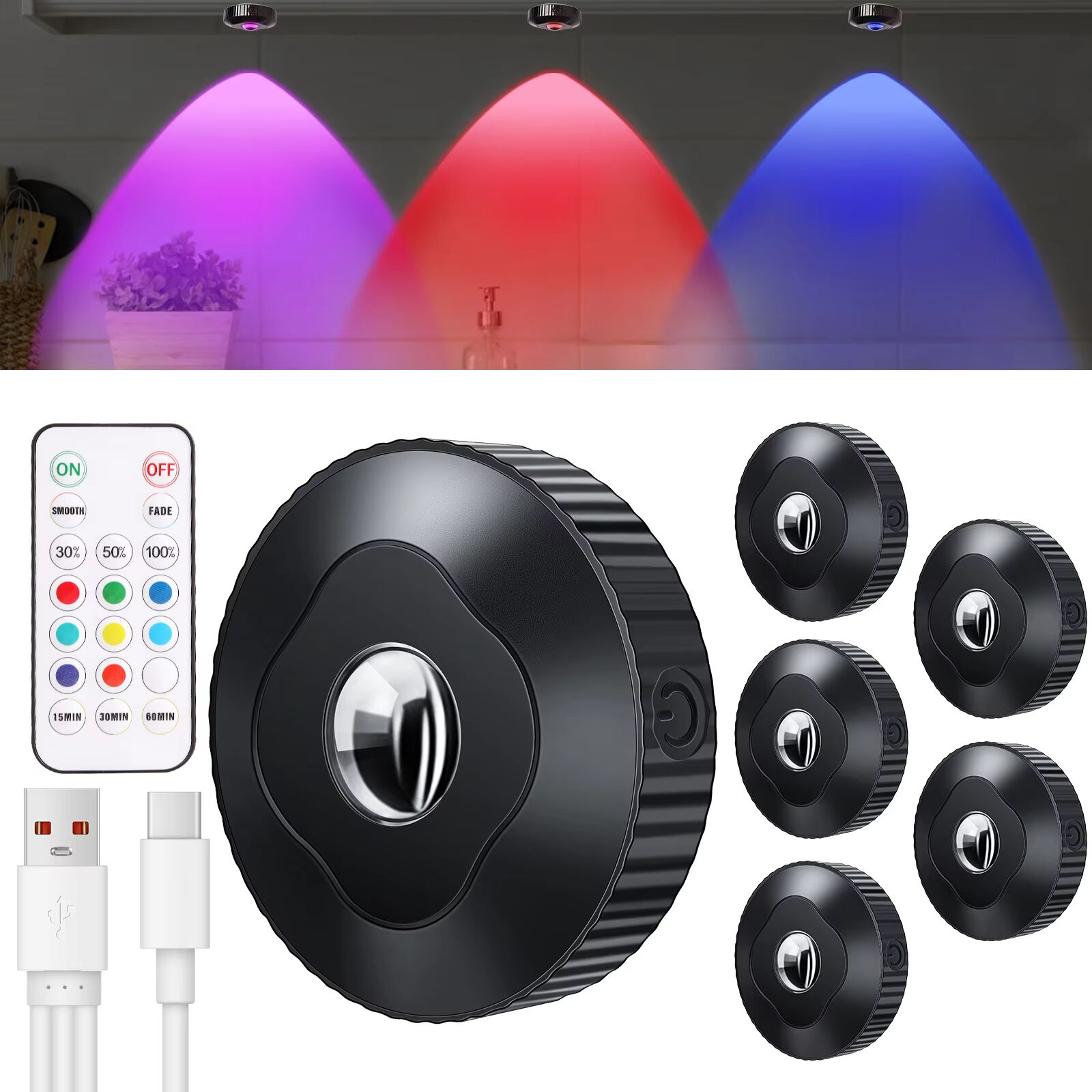 Rechargeable RGB Puck Lights with Remote Control, 1000mAh Battery Operated Tap Lights, Dimmable Touch Under Cabinet Lighting