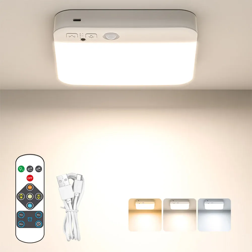 pir motion sensor ceiling light usb rechargeable dimmable 3 colors remote control timer wireless led flush mount ceiling lamp-40