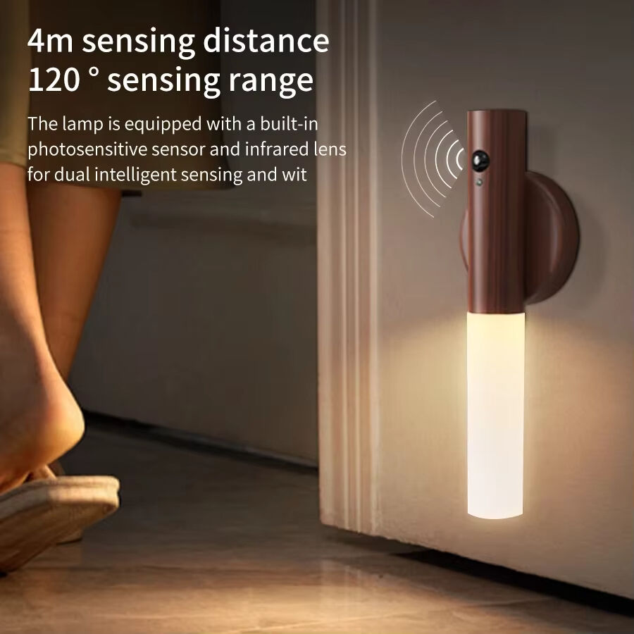 Human Sensor LED Night Light Wireless Magnetic Type-C Charging Wood Wall Lamp 3 Colors Dimming Kitchen Bedroom Cabinet Light