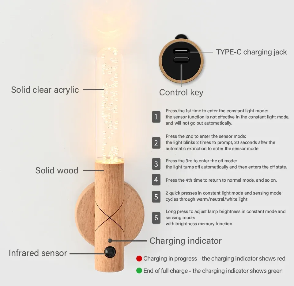 led wooden sensor night light with motion sensor wall sconce usb rechargeable dimmable 3 color temperature magnetic mount-50